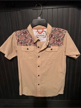 Boys Tan Short-Sleeve Button Shirt with Camouflage Yoke
